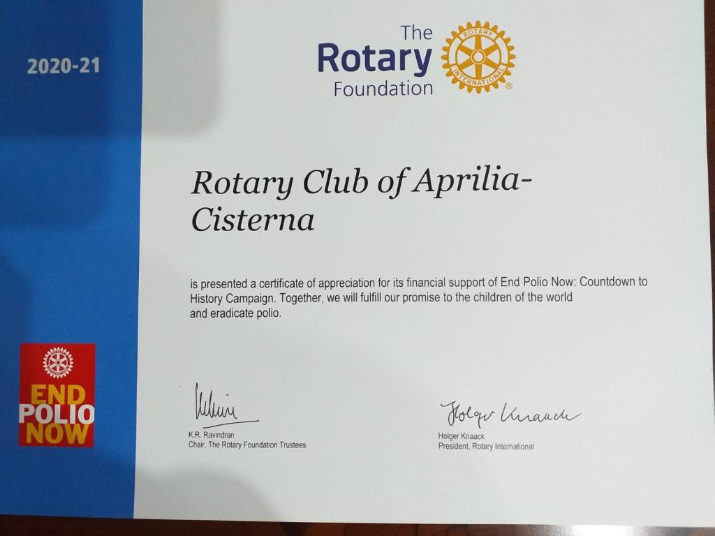 ROTARY FONDATION PREMIA IL R.C. APRILIA-CISTERNA PER L’IMPEGNO&nbsp;2020-21